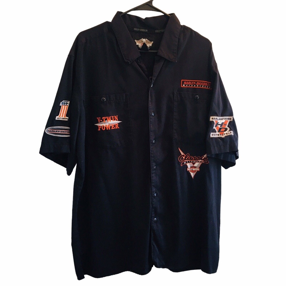 HARLEY DAVIDSON Mens XL Black/Orange Short Sleeve Button Down Embroidered Shirt